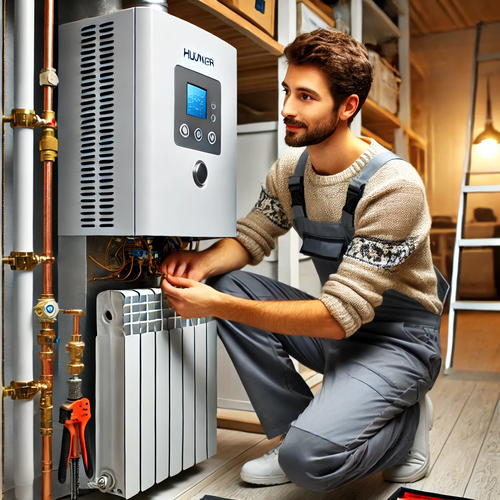 Professional setting up an oil-fired heating unit in a utility space.
