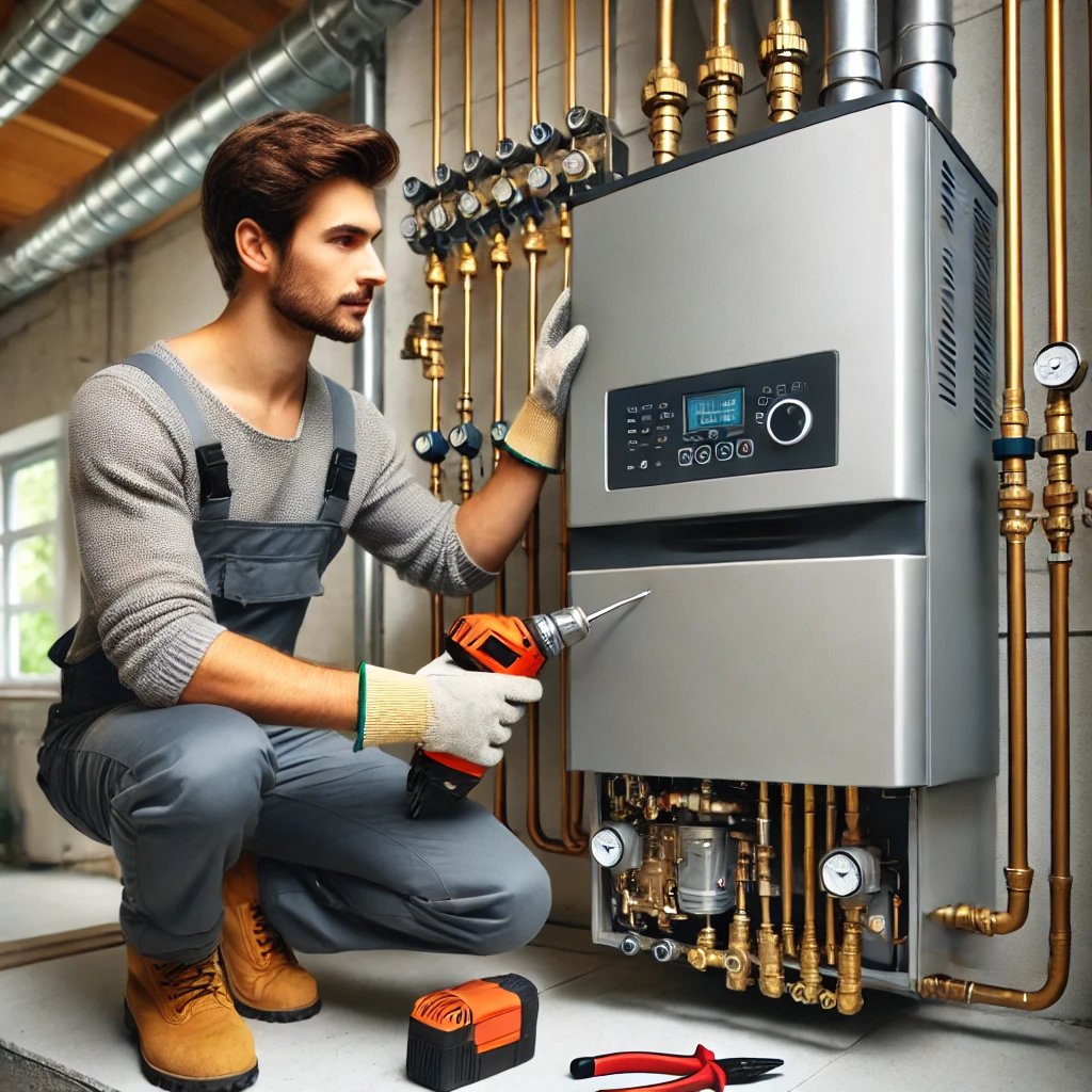 Technician servicing an oil-fired heating system in Halstead.